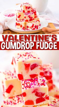 valentine's gumdrop fudge cheesecake bars stacked on top of each other