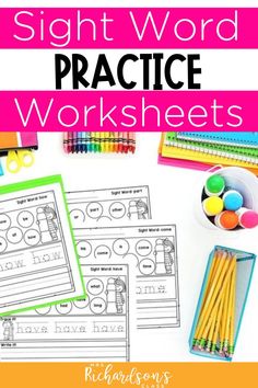 sight word practice worksheets with pencils and crayons on the table