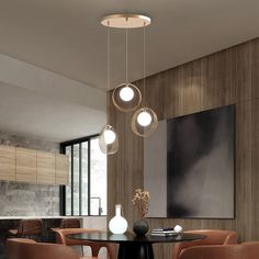 an elegant dining room with modern lighting fixtures