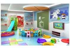 a child's play room with toys and slides