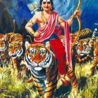 a painting of a man on top of a tiger with a bow and arrows in his hand