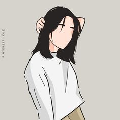 a drawing of a person with long hair and white shirt on, standing in front of a gray background