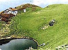 a grassy hill with a small lake in the center and houses on top, surrounded by green grass