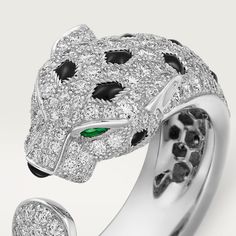 CRN4767800 - Panthère de Cartier ring - White gold, emeralds, onyx, diamonds - Cartier Cowry Shell, 18k Gold Bracelet, Cartier Panthere, 18k Gold Necklace, 18k Gold Earrings, 18k Gold Ring, Gold Brooches, Cartier Ring, Moissanite Diamonds