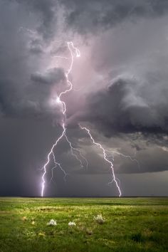 a lightning bolt strikes across the sky over a field