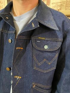 Vintage 60s/70s Rare Wrangler Denim Jacket Unisex Union Denim Jackets  Collectors dream jacket, unworn Jackets have a variety of distress levels, some perfect some with frayed edges, stains, natural patina on metal buttons- let us know your preference at check out We stumbled on a dream find... we're always happy to send additional photos in the size you're interested in, just let us know. Rare find; will not last current sizes available based on listing Retro Denim Outerwear With Snap Buttons, Vintage Wrangler Jacket, Vintage Faded Denim Outerwear, Wrangler Denim Jacket, Vintage Wrangler Button Up, Bespoke Denim, Vintage Selvedge Denim Outerwear, American Denim, American Jeans