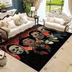 a living room with couches, chairs and a rug that has the faces of two people on it