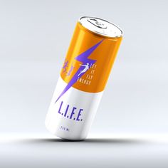 an orange and white energy drink with lightning bolt on the top, in front of a gray background