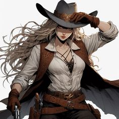 Blonde Cowgirl Character Art, Cowboy Hat Reference Angles, Female Cowboy Art, Female Cowboy Character Design, Gunslinger Woman, Cowgirl Oc Art, Gunslinger Rpg, Wild West Oc, Cowgirl Gunslinger