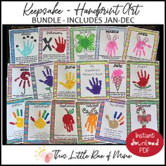 several handprint art cards with different colors and designs on them, including one for each child