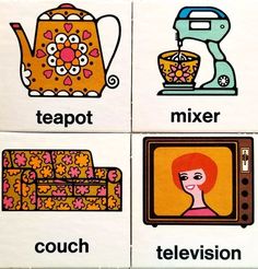 four matching cards with pictures of teapots, couch, mixer and television on them