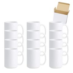 six white coffee mugs stacked on top of each other in front of a cardboard box