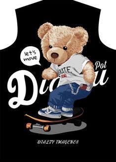 a brown teddy bear riding a skateboard on top of it's back legs