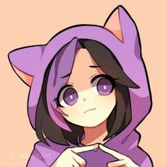 a drawing of a person wearing a purple cat hoodie and pointing to the side