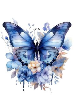 a blue butterfly with flowers and leaves on it's wings, flying through the air