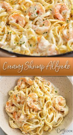 shrimp scamp alfredo in a skillet with text overlay