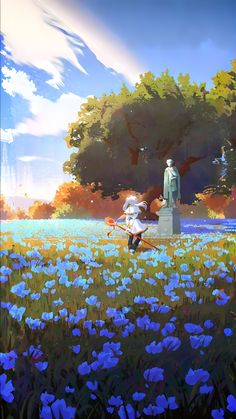 a painting of a girl with an umbrella in a field of flowers and a statue