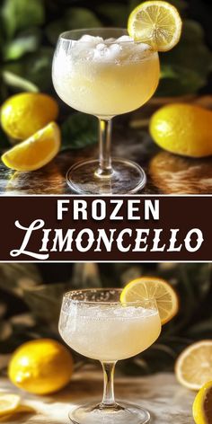 the frozen lemoncello cocktail is garnished with ice and sliced lemons