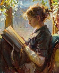 a painting of a woman reading a book