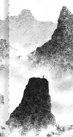 a black and white drawing of a person standing at the top of a mountain with fog