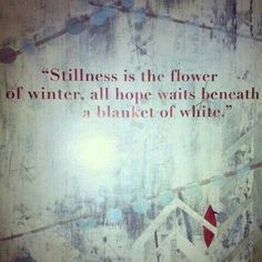 a quote written on a wall that says stillness is the flower of winter, all hope waits beneath a blanket of white