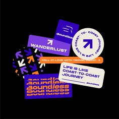 several stickers are stacked on top of each other in purple and orange colors with the words wanderlust above them