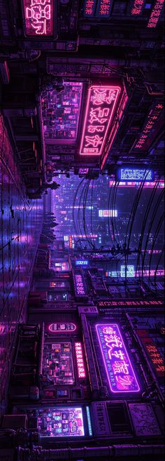 an image of futuristic city with neon lights in the sky and lots of signs hanging from the ceiling