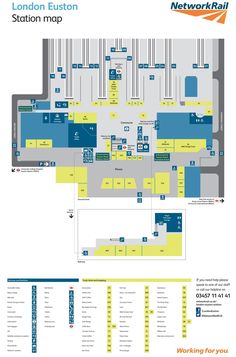 the london euston station map is shown in blue, yellow and green colors with information about it