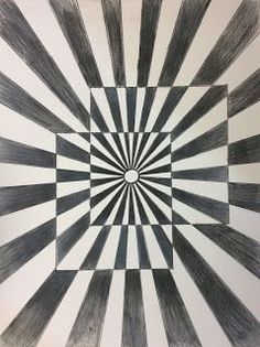 a black and white drawing of an abstract design with lines in the center that appear to be moving