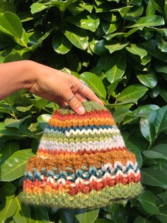 a hand is holding a multicolored knitted hat in front of some green leaves