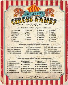 an old circus poster with the names and numbers for each child's name on it