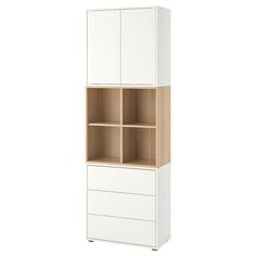 a tall white cabinet with two drawers on one side and an open drawer on the other