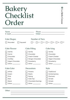 the bakery checklist order form is shown