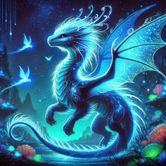 a painting of a blue dragon in the night sky