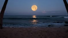 the moon is setting over the ocean with palm trees in front of it and waves crashing on the beach