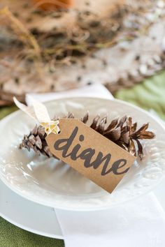 a pine cone with a name tag on it is sitting on a plate next to some napkins