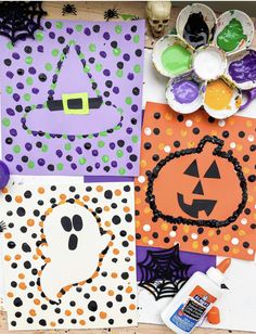 halloween cards with pumpkins, ghost and spider web on them are laid out next to each other