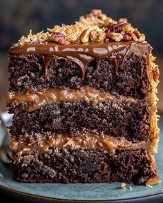 a slice of chocolate cake on a plate with caramel drizzle and pecans