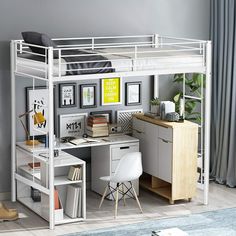 a loft bed with desk underneath it in a room that is decorated in gray and white