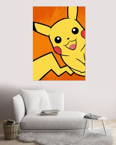 a living room with a white couch and a painting on the wall above it that says pikachu