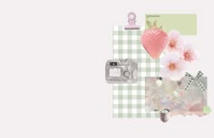 a pink strawberry sitting on top of a green and white checkered table cloth next to a camera