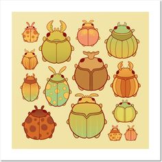 a group of bugs sitting next to each other on top of a yellow background with polka dots