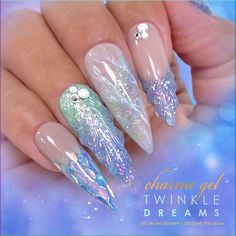 S37 Over the Moon - A serene shade of periwinkle blue that sparkles with flash reflective glitters and iridescent flakes that color shifts between pink, green and gold. This dreamy mermaid blue with a hint of violet is a must have color for spring and summer nails! This Charme Gel is part of the Twinkle Dreams Collection. Twinkle Dreams collection is inspired by soft whimsical colors that are sparkling and vibrant, they are jam packed with diamond reflective sparkles and color shifting iridescen Princess Nail Designs, Blue Chrome Nails, Soft Pink Nails, Barbie Nails, Dream Weaver, Blush Nails, Mermaid Nails, Pearl Nails