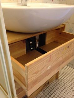 a bathroom sink with drawers underneath it