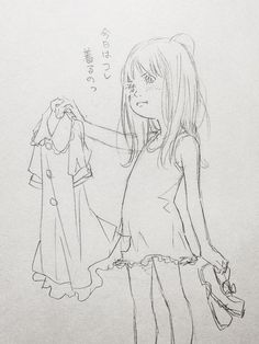 a pencil drawing of a girl holding a dress and looking at it with her hand