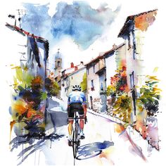 a watercolor painting of a bicyclist riding down the street with houses in the background