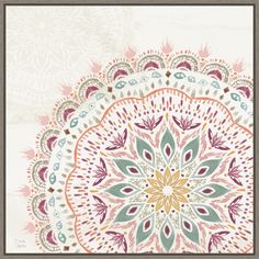 an ornate flower design in pink, blue and green on a white background with a brown frame