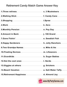 a table with some words on it and numbers in the top right corner, which reads retirement candy game answer key