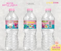 two water bottles with labels on them for children's birthdays and baby showers