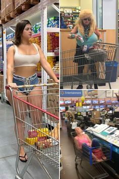 the woman is shopping in the store with her grocery cart and she's wearing a bra